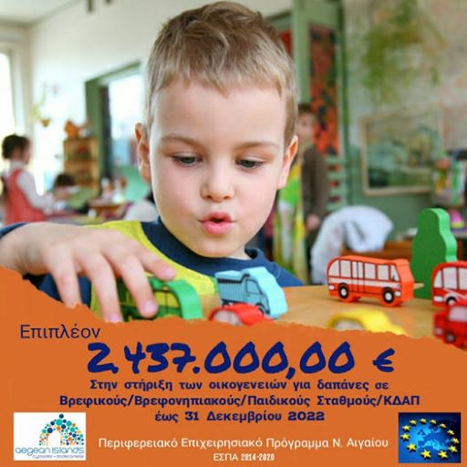 Υπερδιπλασιασμός της  χρηματοδότησης,  σε 4,00 εκατ. €   για 1.608 θέσεις  σε παιδικούς και βρεφονηπιακούς σταθμούς